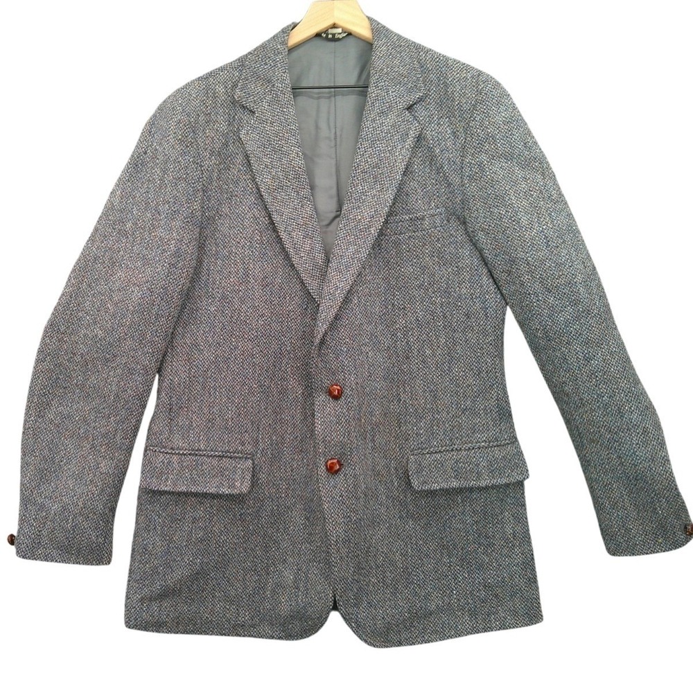 Vintage Harris Tweed Blazer 42L Gray Fleck Wool Sport Coat Made in Great Britain